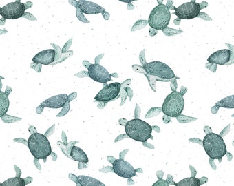 May include: A seamless pattern featuring watercolor illustrations of teal sea turtles on a white background with a speckled texture.