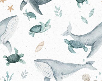 May include: A seamless pattern featuring watercolor illustrations of blue whales and green sea turtles on a white background. The pattern includes small details like seashells and seaweed.