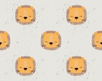 May include: A seamless pattern featuring a repeating design of cute cartoon lion faces with closed eyes. The lions are orange with brown manes and whiskers. The background is a light gray with a subtle speckled texture.