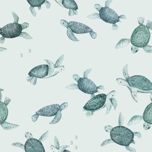 Könnte beinhalten: Aquarellmuster mit mehreren Meeresschildkröten in Blau- und Grüntönen. Die Schildkröten sind auf einem hellblauen Hintergrund verstreut und erzeugen ein skurriles und aquatisches Design. Die Schildkröten haben detaillierte Panzer und Flossen.