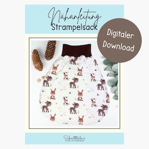 Op de afbeelding: Een babyslaapzak met een donkerbruine geribbelde kraag en witte stof met een herhalend patroon van bruine ezels, konijnen en witte ganzen. De tekst "Nähanleitung Strampelsack" en "Digitaler Download" is zichtbaar op de pagina.