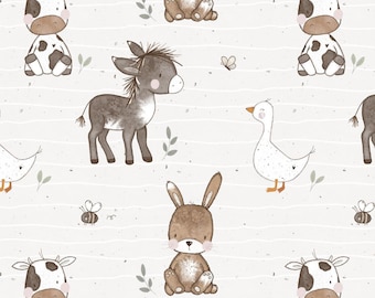 Jersey (organic) farm animals - own production | fabric for children | farm | donkey | cow | goose | rabbit | animals | stretchy fabric by the meter