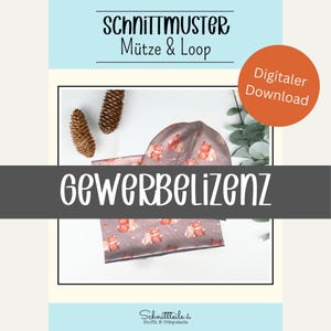 May include: A digital download pattern for a hat and neck gaiter with a fox print. The pattern is available for commercial use. The text "Schnittmuster Mütze & Loop" and "Digitaler Download" is visible on the image.
