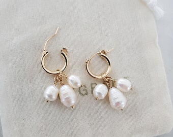 Gold Hoop Pearl Cluster Earrings - Freshwater Pearl - 14ct Gold-Filled - Non-Tarnish