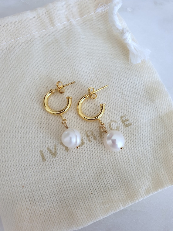 Gold Hoop Pearl Earrings Freshwater Pearl 18ct Gold Vermeil - Etsy