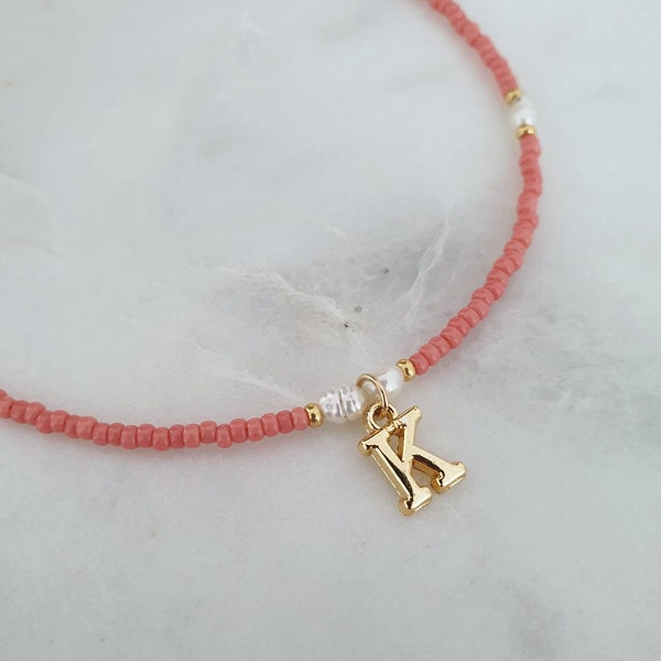 Gold Initial Pink Beaded Necklace - Coral Pink - Freshwater Pearl - Gold Vermeil
