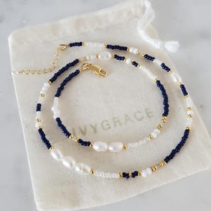 Delicate Mixed Beaded Pearl Necklace - Navy Blue and Gold - Freshwater Pearl - 18ct Gold Vermeil