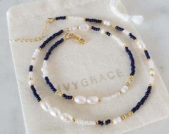 Delicate Pearl Beaded Necklace - Navy Blue & Gold Vermeil