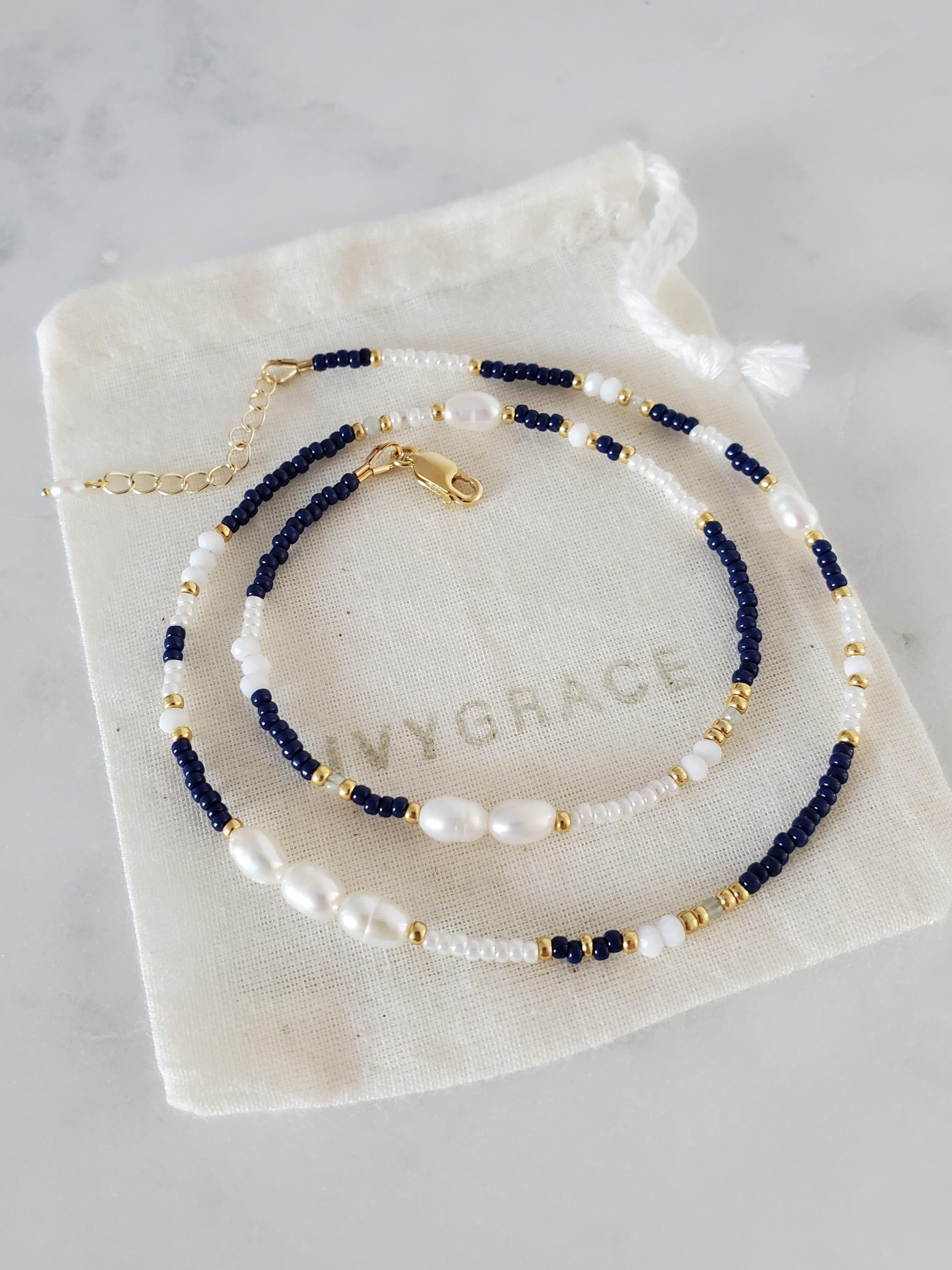 Elegant Turquoise Green Beads Gold tone Necklace Set|Luxury  Elegant Blue and Gold Beaded Necklace glass and faux pearl gold spacers 45” main image 2