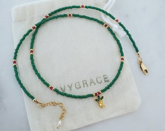 Delicate Beaded Green Necklace with Crystal Pineapple Pendant - 18ct Gold Vermeil