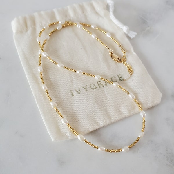 Delicate Pearl and Gold Beaded Necklace - Freshwater Pearl - Choker - 18ct Gold Vermeil