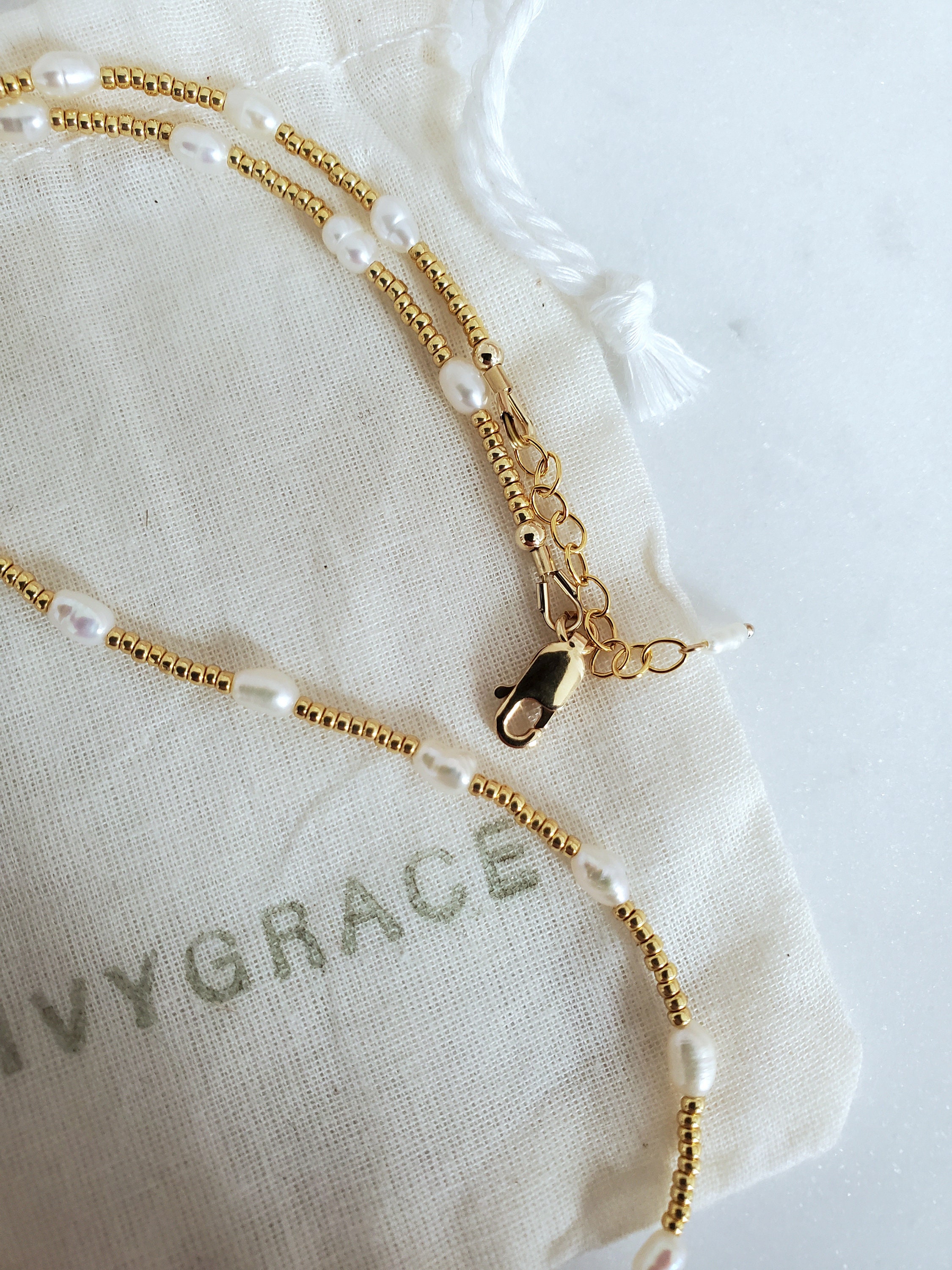 SUTTONRAL 14K Gold Oval Olive Bead & Freshwater Pearl Necklace - 18 Inch Adjustable Clavicle Chain - View #7