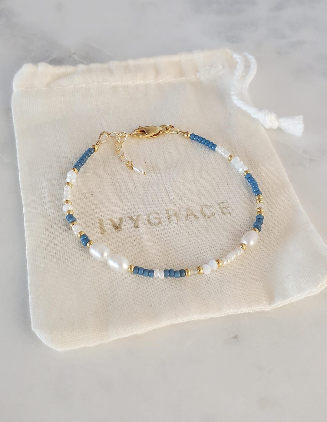 Dainty Pearl and Blue Beaded Bracelet - Freshwater Pearl - 18ct Gold Vermeil - Etsy UK