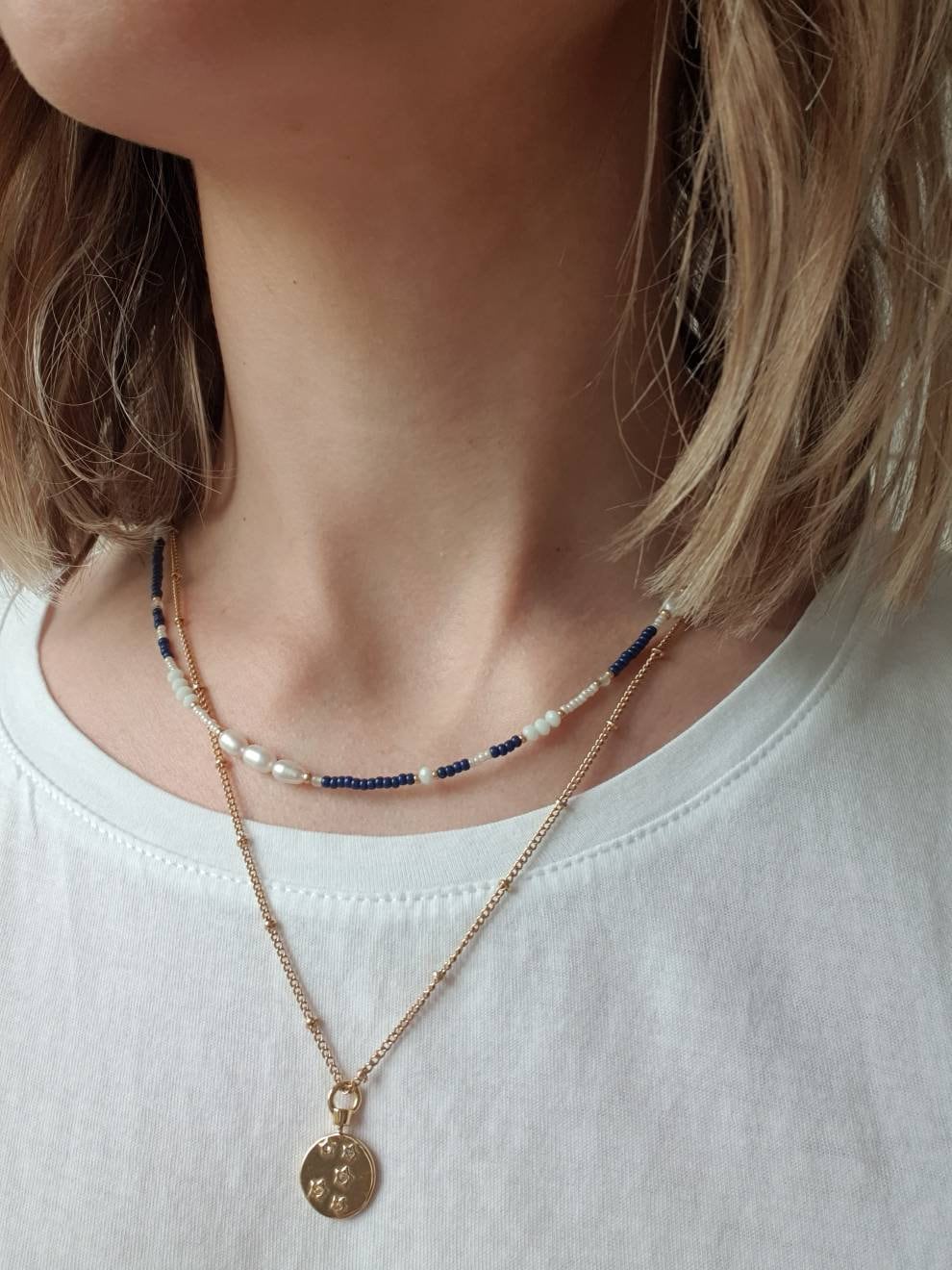 Collana Girocollo Donna Con Perline Azzurre E Catena Dorata, Lunghezza 40 Cm + 6 Cm Di Estensione, In Acciaio Al Titanio, Stile Bohémien - 2