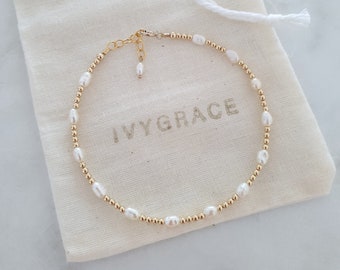 Pearl and 14ct Gold Filled Bracelet - Freshwater Pearl - Delicate Beaded Bracelet - Non Tarnish