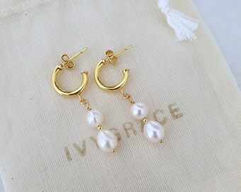 Gold Hoop Pearl Earrings - Freshwater Pearl - 18ct Gold Vermeil