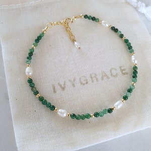 Freshwater Pearl and Dark Green Jade Beaded Bracelet - Delicate Gemstone Bracelet - 14ct Gold-Filled