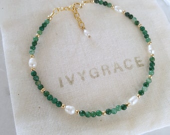 Freshwater Pearl and Dark Green Jade Beaded Bracelet - Delicate Gemstone Bracelet - 14ct Gold-Filled
