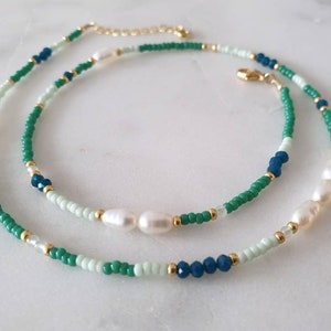 Delicate Beaded Pearl Necklace - Green and Gold - 18ct Gold Vermeil