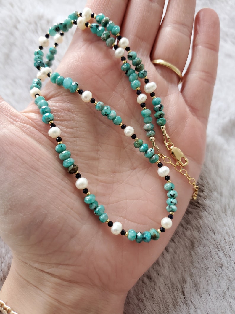 Turquoise and Navy Blue Gemstone and Pearl Beaded Necklace Jade