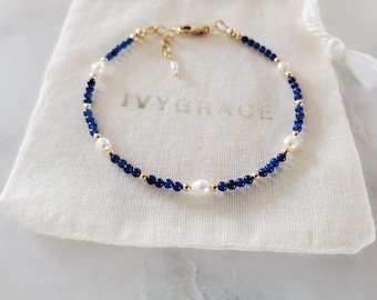 Blaue Edelstein & Perlen Armband - Zierliches Perlen Armband - 14ct Gold-Filled