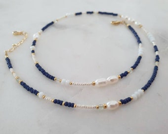Delicate Beaded Pearl Necklace - Navy Blue and Gold - 18ct Gold Vermeil