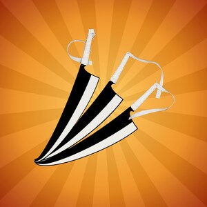 May include: Three stylized black and white swords with white handles and straps are arranged against a vibrant orange and red radial background. The blades have a bold, graphic design, creating a dynamic and eye-catching composition.