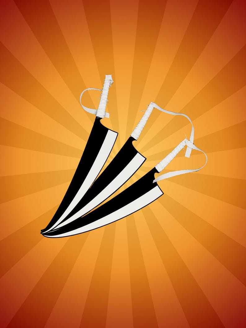 May include: Three stylized black and white swords with white handles and straps are arranged against a vibrant orange and red radial background. The blades have a bold, graphic design, creating a dynamic and eye-catching composition.