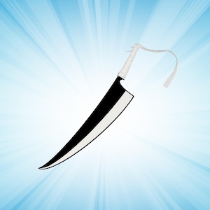 May include: A black and white sword with a white handle and a white strap. The blade is black with a white edge. The handle is wrapped in white material. The background is a gradient of blue and white.
