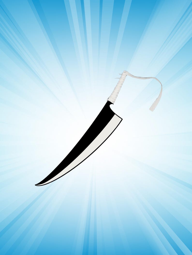 May include: A black and white sword with a white handle and a white strap. The blade is black with a white edge. The handle is wrapped in white material. The background is a gradient of blue and white.