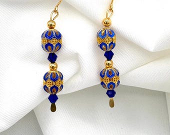Royal Blue Cloisonné Dangle Earrings, Gold Filigree Vintage Style Jewelry