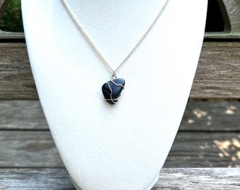 Falcon's Eye Quartz Pendant Necklace: Deep Blue-Gray Stone, Sterling Silver Chain