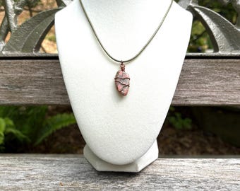 Casual Unakite Gemstone Necklace, Earthy Boho Wire Wrapped Stone Pendant on Olive Green Cord.