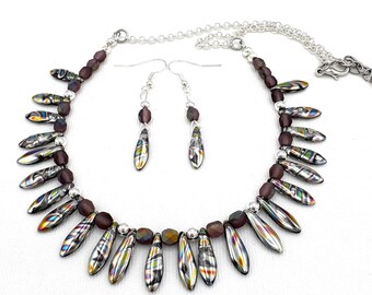 Silver Glass Bead Necklace Earring Jewelry Set, Peacock Dagger and Amethyst Beads Silver Chain