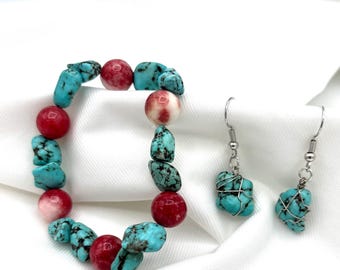 Turquoise Howlite & Red Quartz Jewelry Set: Tumbled Stone Bracelet and Earrings