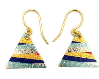 Gold Finish Metal Triangle Earrings: Colorful Abstract Design
