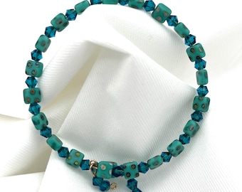 Turquoise & Peacock Czech Glass Bead Bracelet: Memory Wire, Handmade