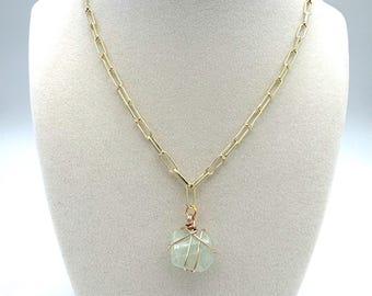Wire Wrapped Pendant Necklace, Gold Paper Clip Chain Light Green Gemstone, Minimalist Design