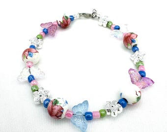 Handmade Lily Butterfly Bracelet, Sterling Silver Accents, Pastel Floral Jewelry