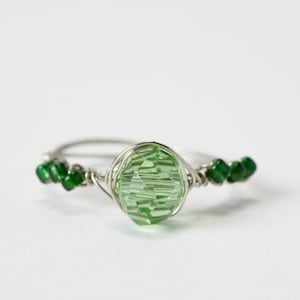 Green Glass Bead Ring: Wire Wrapped Dainty Ring