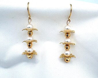 Swarovski Pearl Drop Earrings, Floral Bead Caps, 24K Gold Plated French Hooks