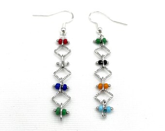 Rhodium Diamond Shine Chain Earrings: Sterling Silver, Multi-Color Seed Beads