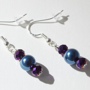 Sterling Silver Dangle Earrings: Navy Blue & Purple Glass Beads
