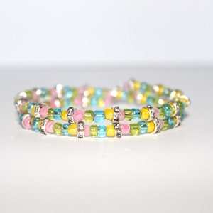 Pastel Glass Bead Rhinestone Bracelet: Colorful Memory Wire Bangle