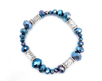 Handmade Blue Faceted Glass Bead Bracelet with Silver Metal Accents