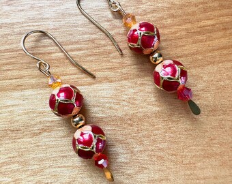 Red and Gold Cloisonne Statement Earrings, Crystal Bead Dangles, Gold French Hooks, Handmade Jewelry