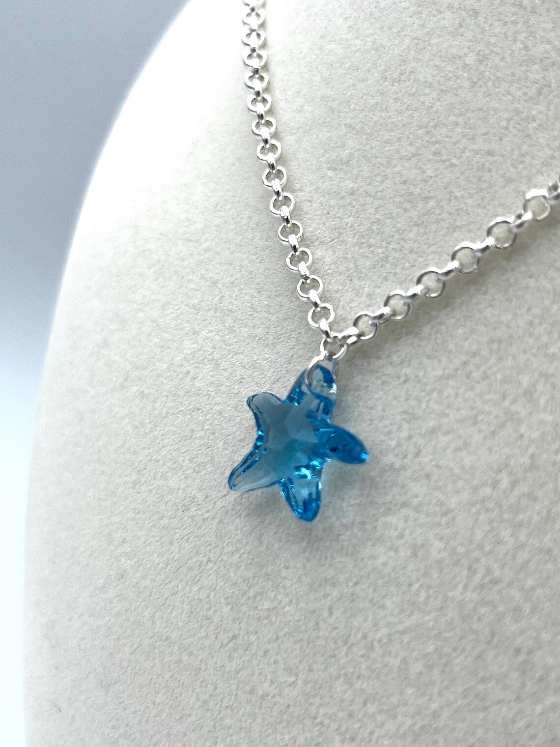 Blue Starfish Glass Pendant Necklace, Dainty Blue Swarovski Starfish Pendant Necklace, Blue ...