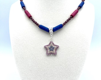 Star Pave Pendant Necklace: Rhodium Plated, Colorful Beaded Chain