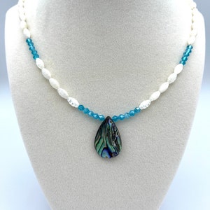 Abalone Shell Pendant Necklace: Mother of Pearl & Crystal, 20 Inch