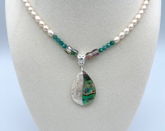 Abalone & Mother of Pearl Teardrop Pendant Necklace: Freshwater Pearl, Crystal Beaded